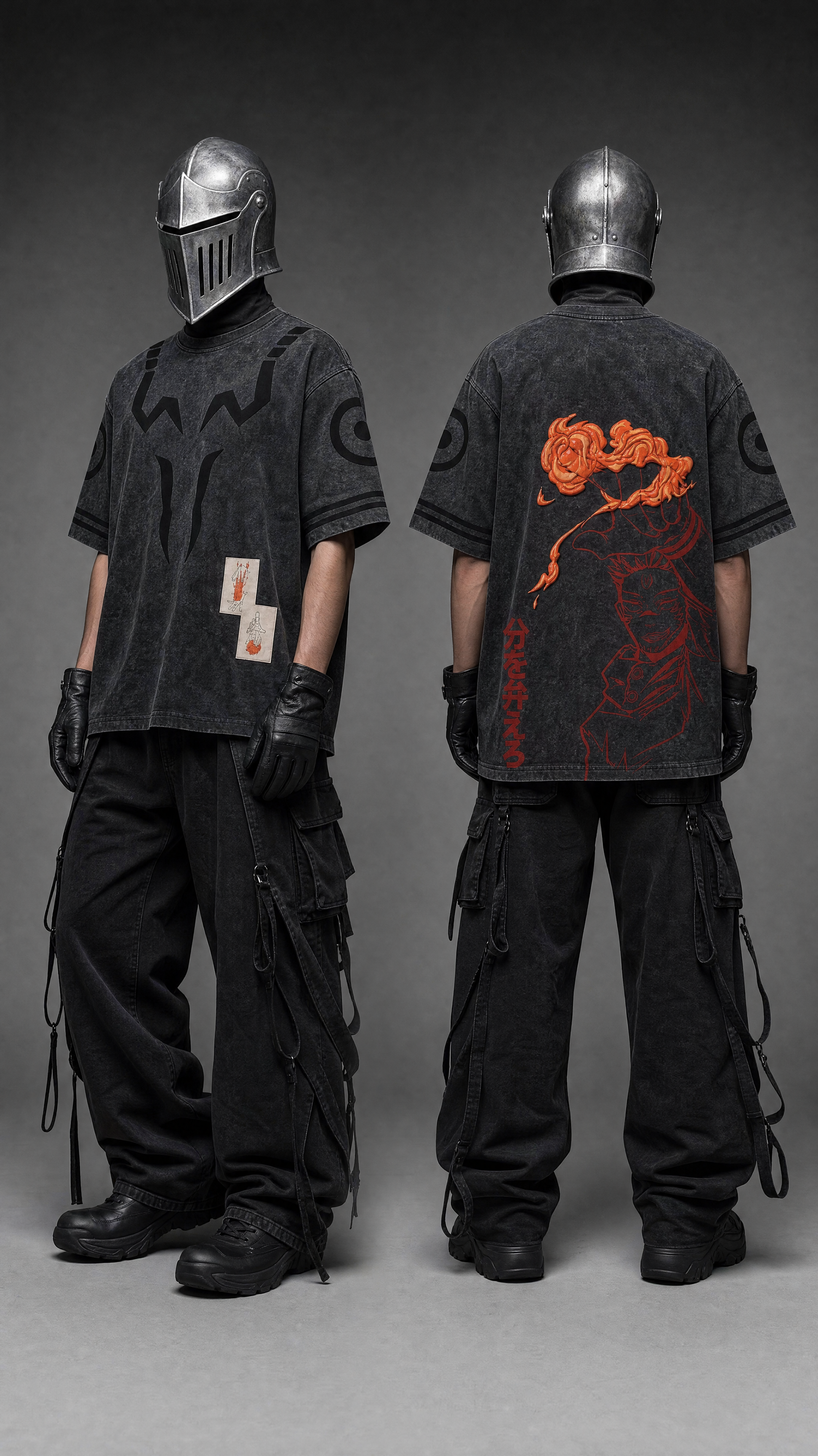 Two views of a model wearing a black washed anime graphic oversized t-shirt , black cargo pants, and a silver knight helmet mask against a dark gray studio background. The front view shows a dark graphic on the chest, and the back view shows a large orange rose and red line art design on the back. Sukuna in Jujutsu Kaisen